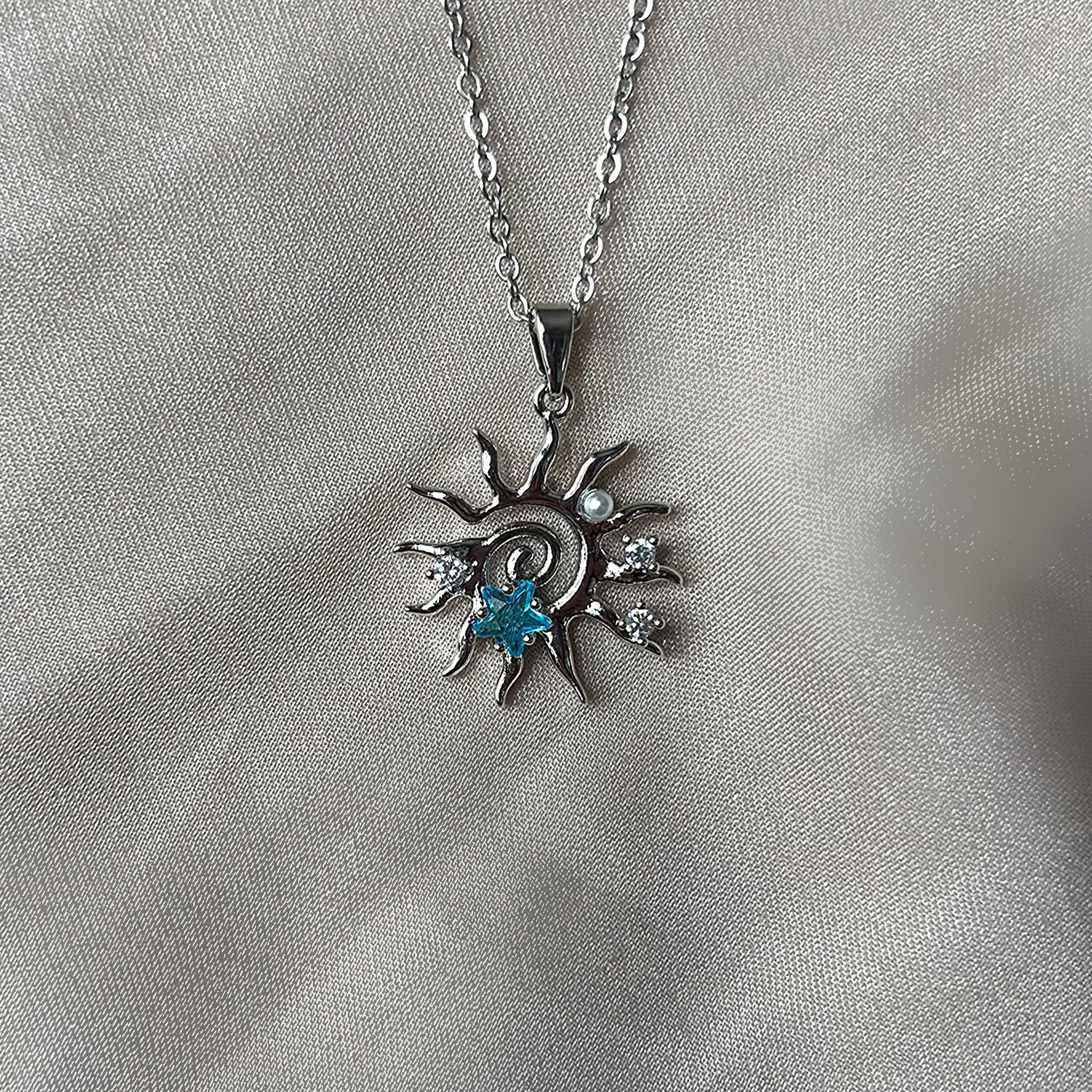 Taşlı Çelik Güneş Kolye/ Silver